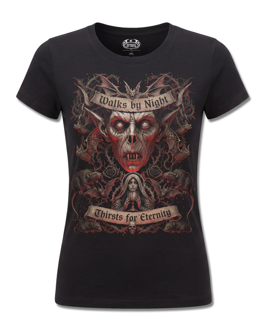 Spiral Walks By Night design, front view on Black F775, Rock Off Retail official merch