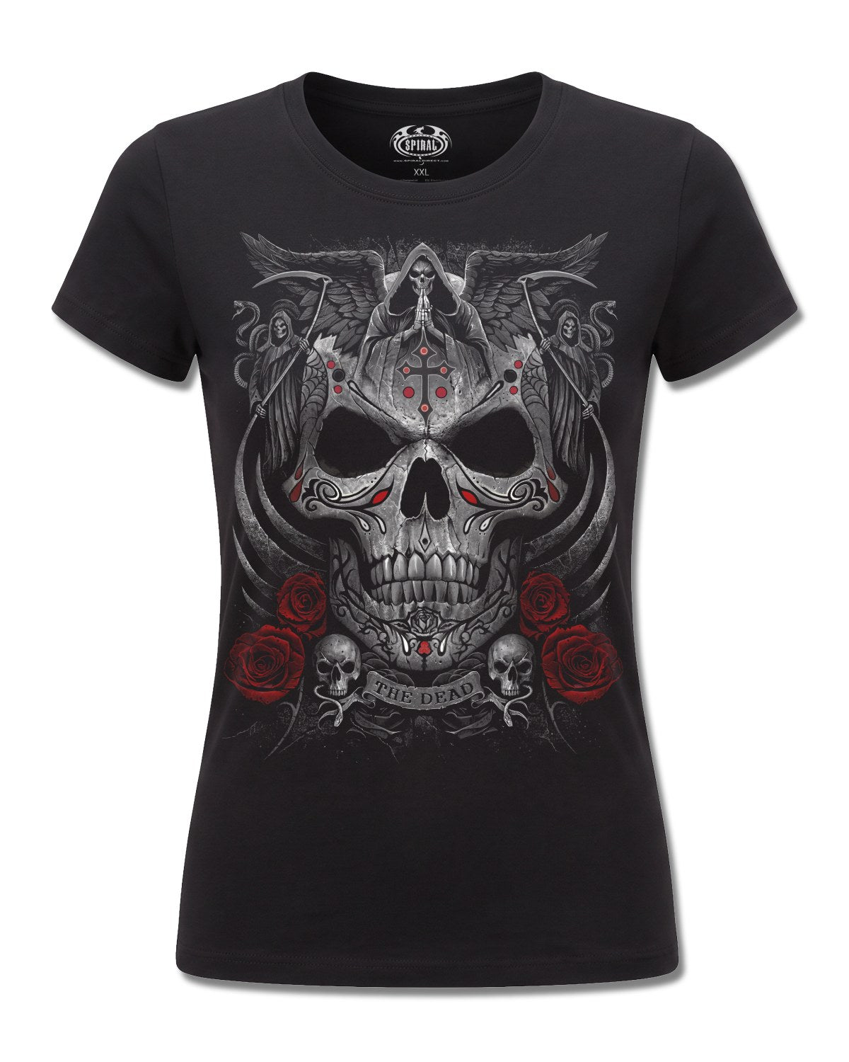 Spiral The Dead design, front view on Black F775, Rock Off Retail official merch