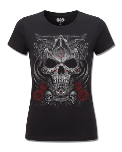 Spiral The Dead design, front view on Black F775, Rock Off Retail official merch