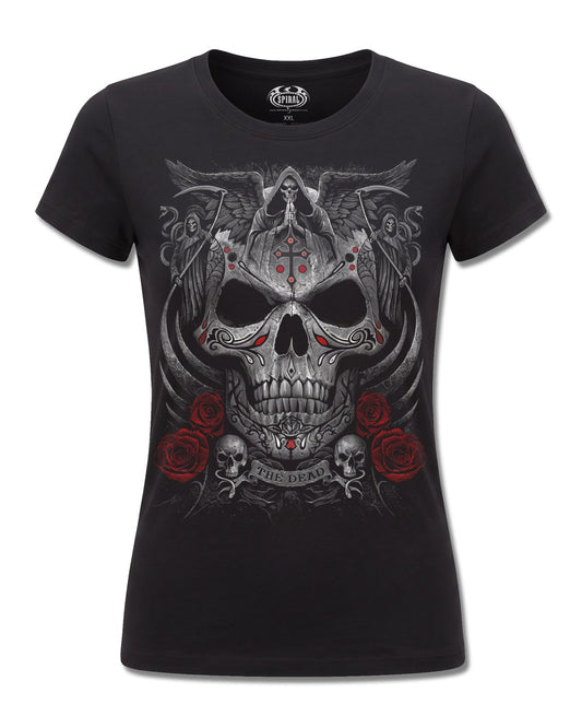 Spiral The Dead design, front view on Black F775, Rock Off Retail official merch