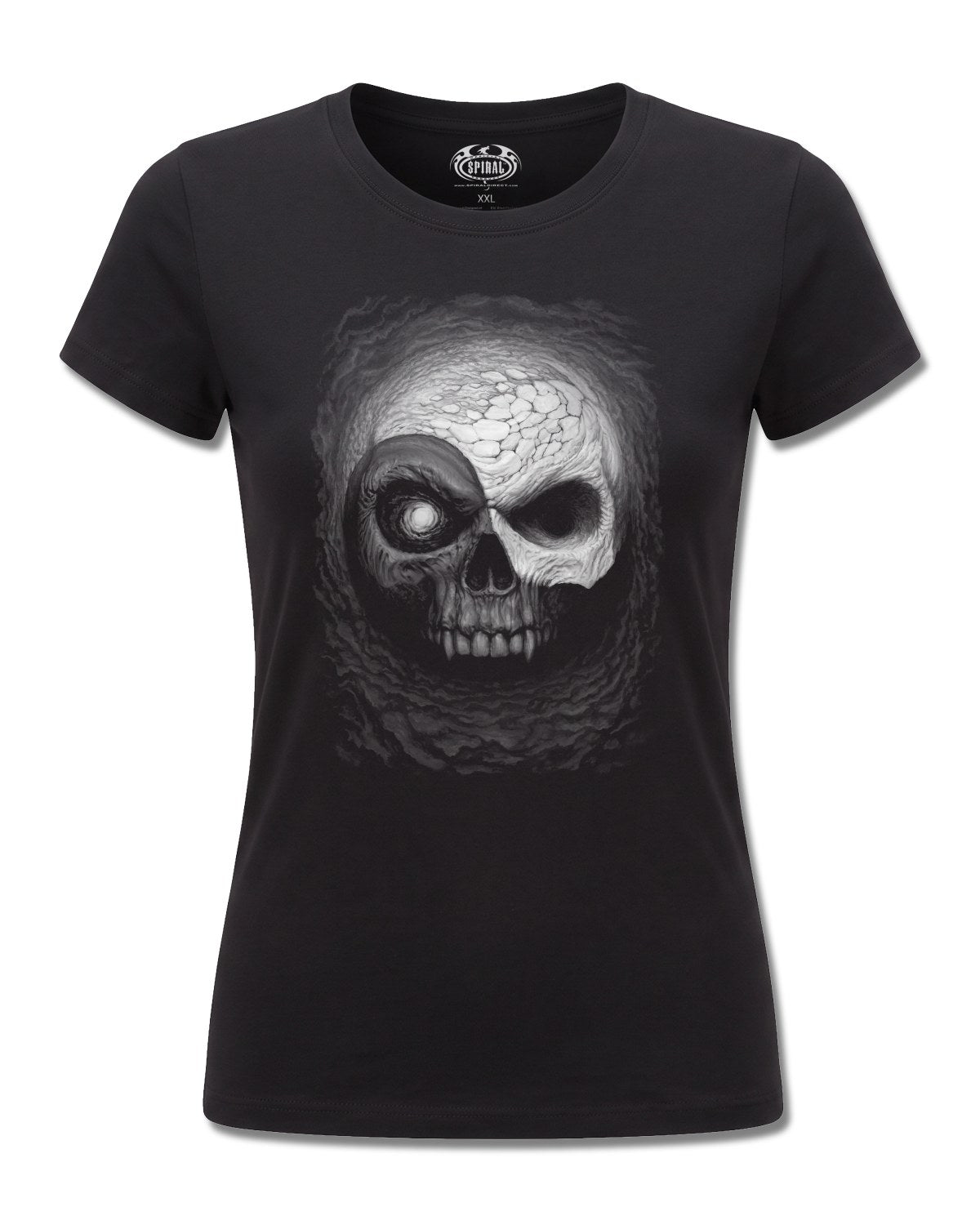Spiral Yin Yang Skulls design, front view on Black F775, Rock Off Retail official merch