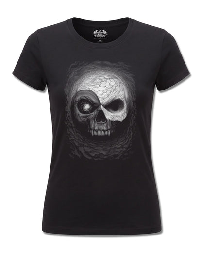 Spiral Yin Yang Skulls design, front view on Black F775, Rock Off Retail official merch