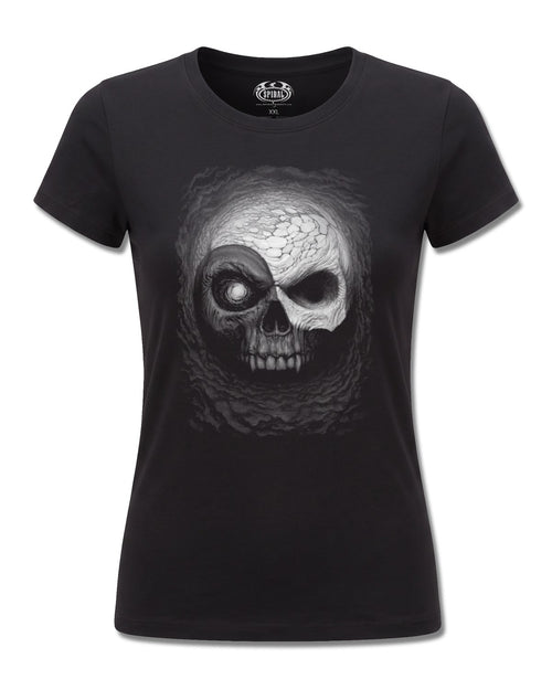 Spiral Yin Yang Skulls design, front view on Black F775, Rock Off Retail official merch