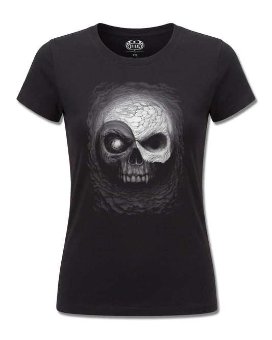 Spiral Yin Yang Skulls design, front view on Black F775, Rock Off Retail official merch