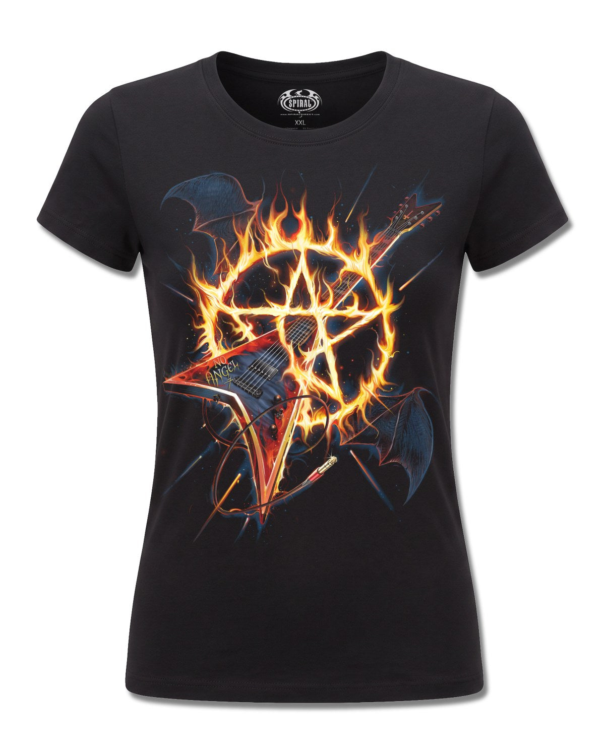 Spiral Hot Metal design, front view on Black F775, Rock Off Retail official merch