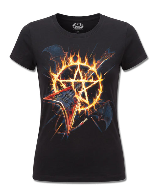 Spiral Hot Metal design, front view on Black F775, Rock Off Retail official merch