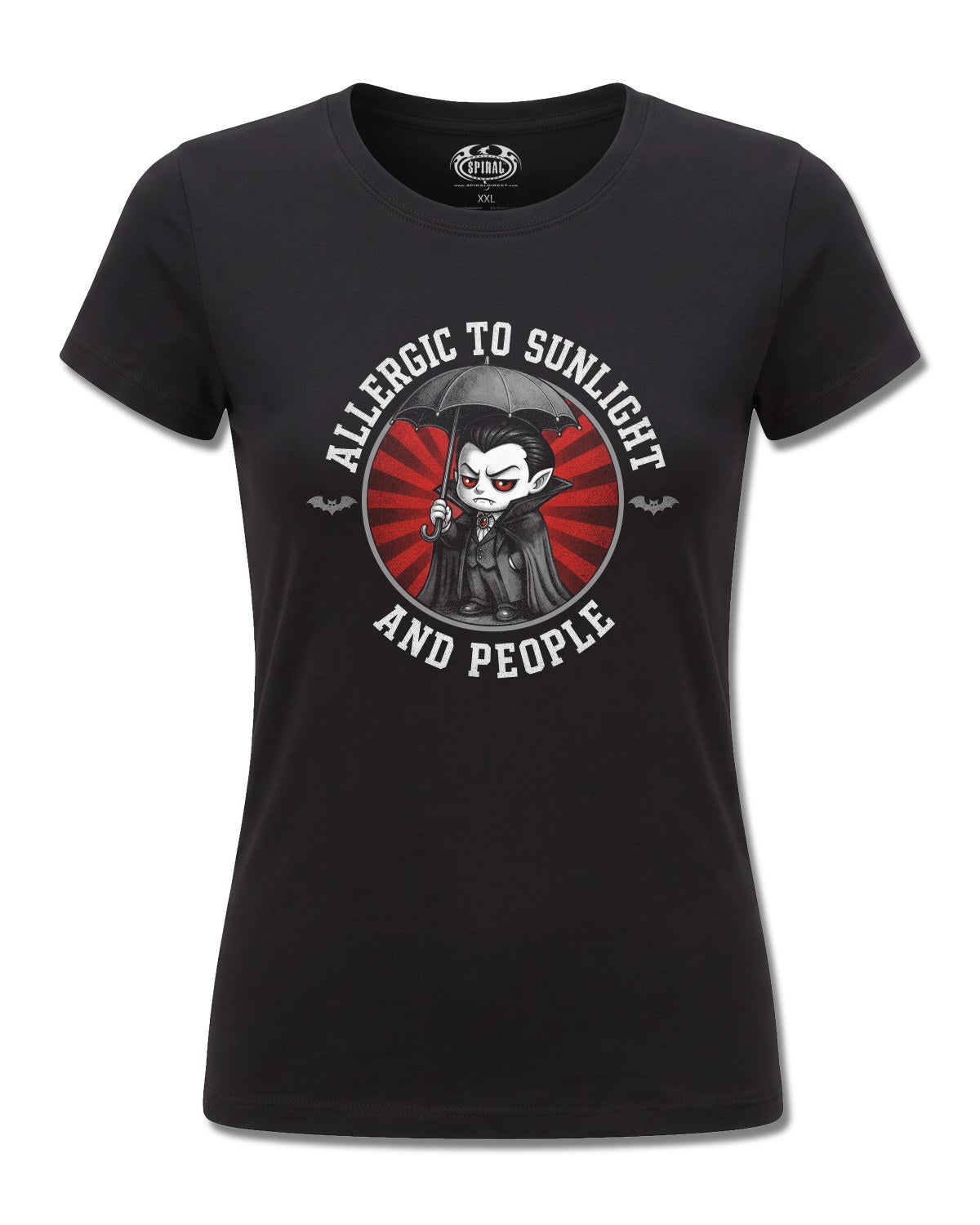 Spiral Allergies design, front view on Black F775, Rock Off Retail official merch