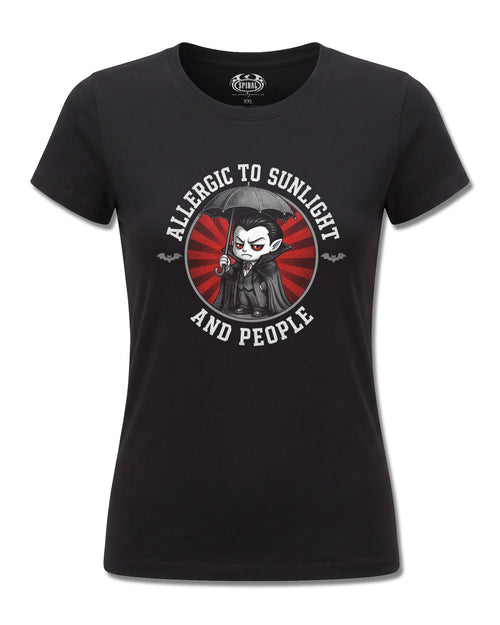 Spiral Allergies design, front view on Black F775, Rock Off Retail official merch