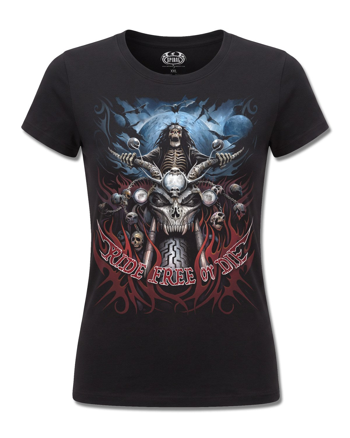 Spiral Ride Free design, front view on Black F775, Rock Off Retail official merch