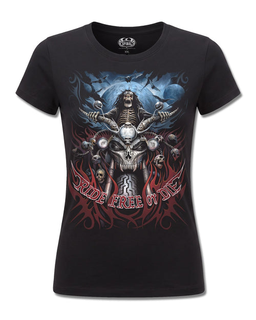 Spiral Ride Free design, front view on Black F775, Rock Off Retail official merch