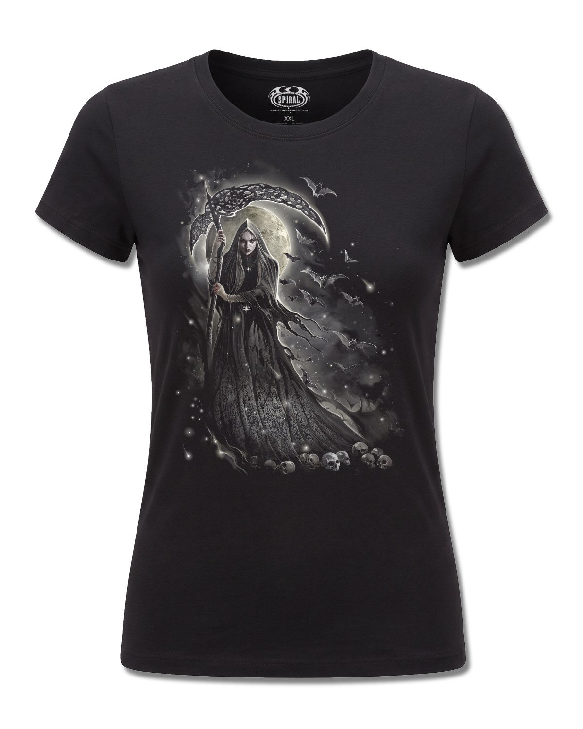 Spiral Queen Of Death design, front view on Black F775, Rock Off Retail official merch
