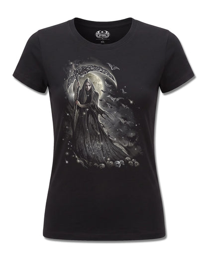 Spiral Queen Of Death design, front view on Black F775, Rock Off Retail official merch