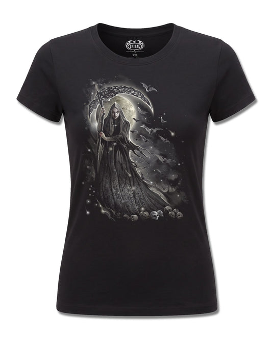 Spiral Queen Of Death design, front view on Black F775, Rock Off Retail official merch