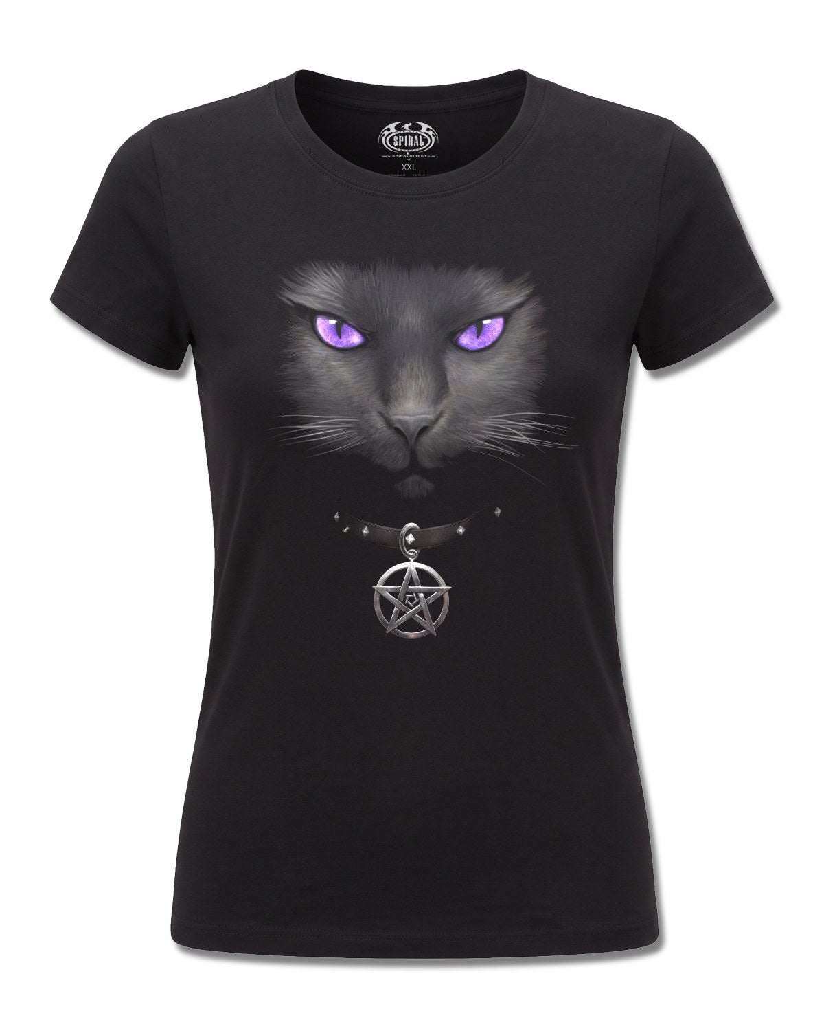 Spiral Black Cat design, front view on Black F775, Rock Off Retail official merch