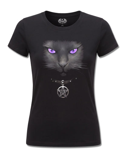 Spiral Black Cat design, front view on Black F775, Rock Off Retail official merch