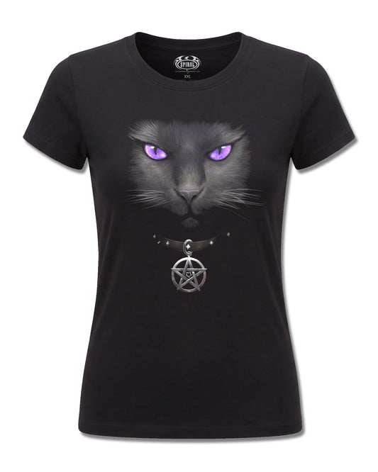 Spiral Black Cat design, front view on Black F775, Rock Off Retail official merch