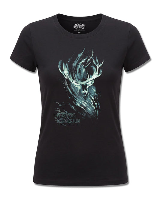 Harry Potter Patronus Stag (Harry Potter) design, front view on Black F775, Rock Off Retail official merch