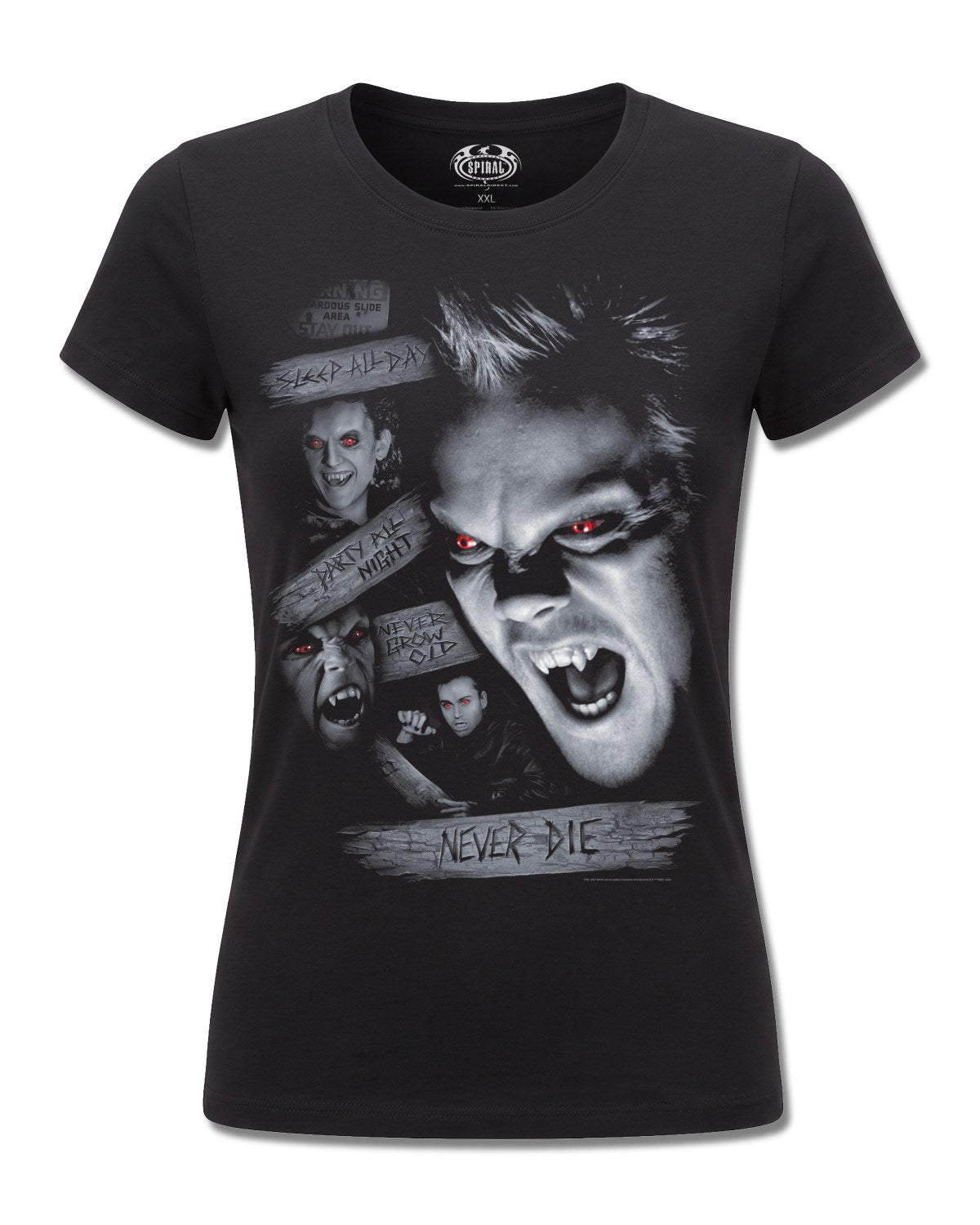 The Lost Boys Never Die (The Lost Boys) design, front view on Black F775, Rock Off Retail official merch