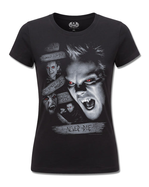 The Lost Boys Never Die (The Lost Boys) design, front view on Black F775, Rock Off Retail official merch