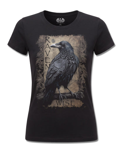 Spiral Raven Wise design, front view on Black F775, Rock Off Retail official merch