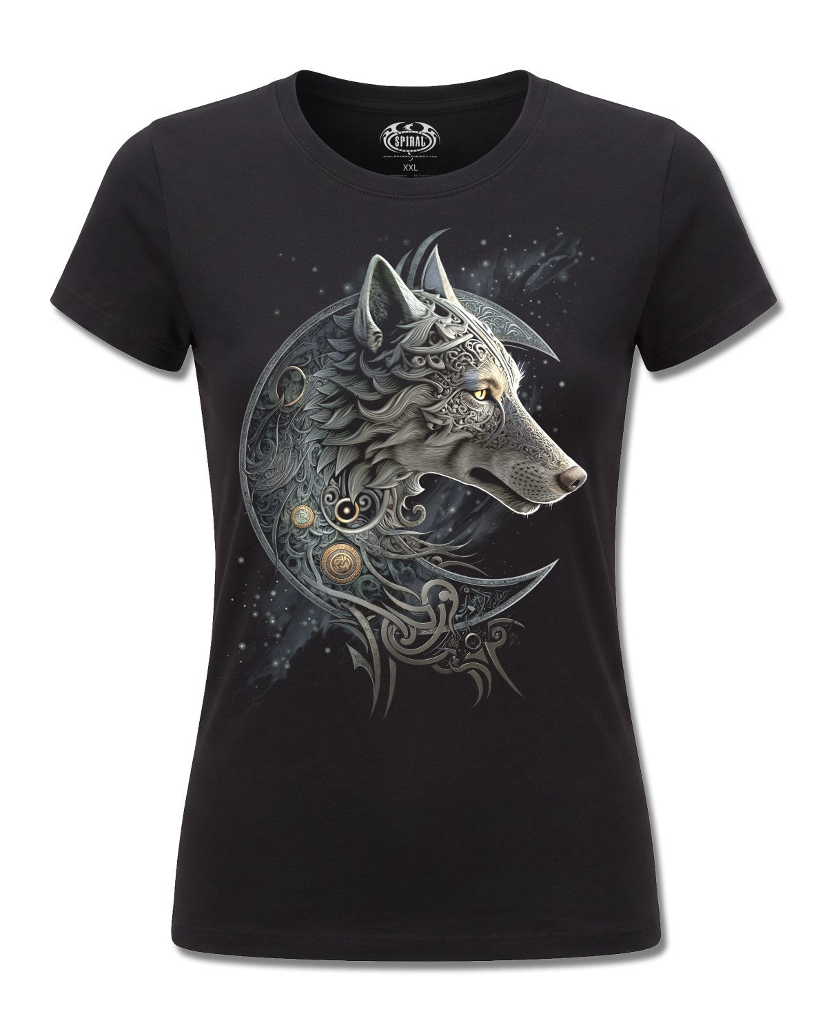 Spiral Celtic Wolf design, front view on Black F775, Rock Off Retail official merch