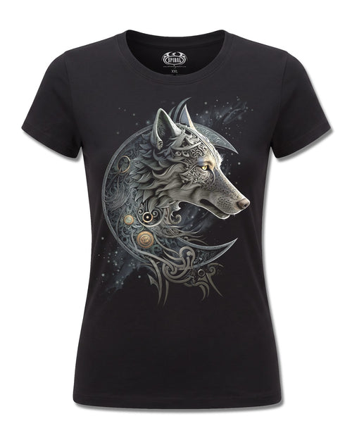 Spiral Celtic Wolf design, front view on Black F775, Rock Off Retail official merch