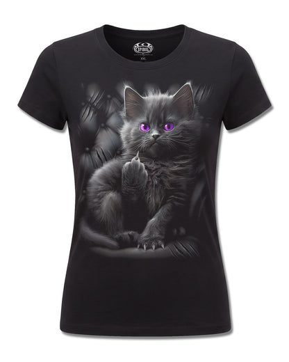 Spiral Cattitude design, front view on Black F775, Rock Off Retail official merch