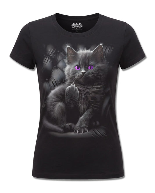 Spiral Cattitude design, front view on Black F775, Rock Off Retail official merch