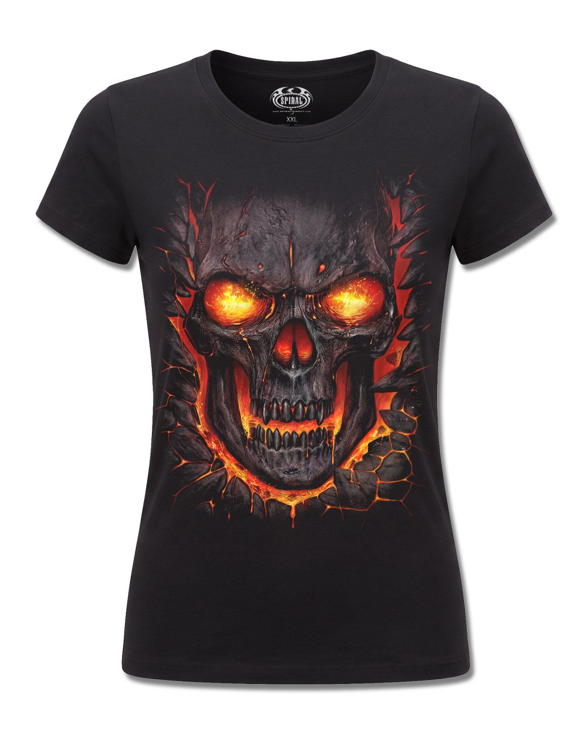 Spiral Skull Lava design, front view on Black F775, Rock Off Retail official merch