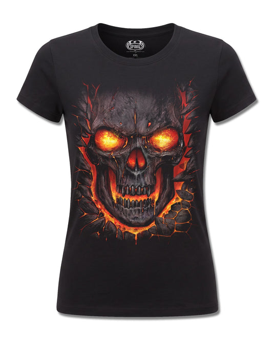 Spiral Skull Lava design, front view on Black F775, Rock Off Retail official merch