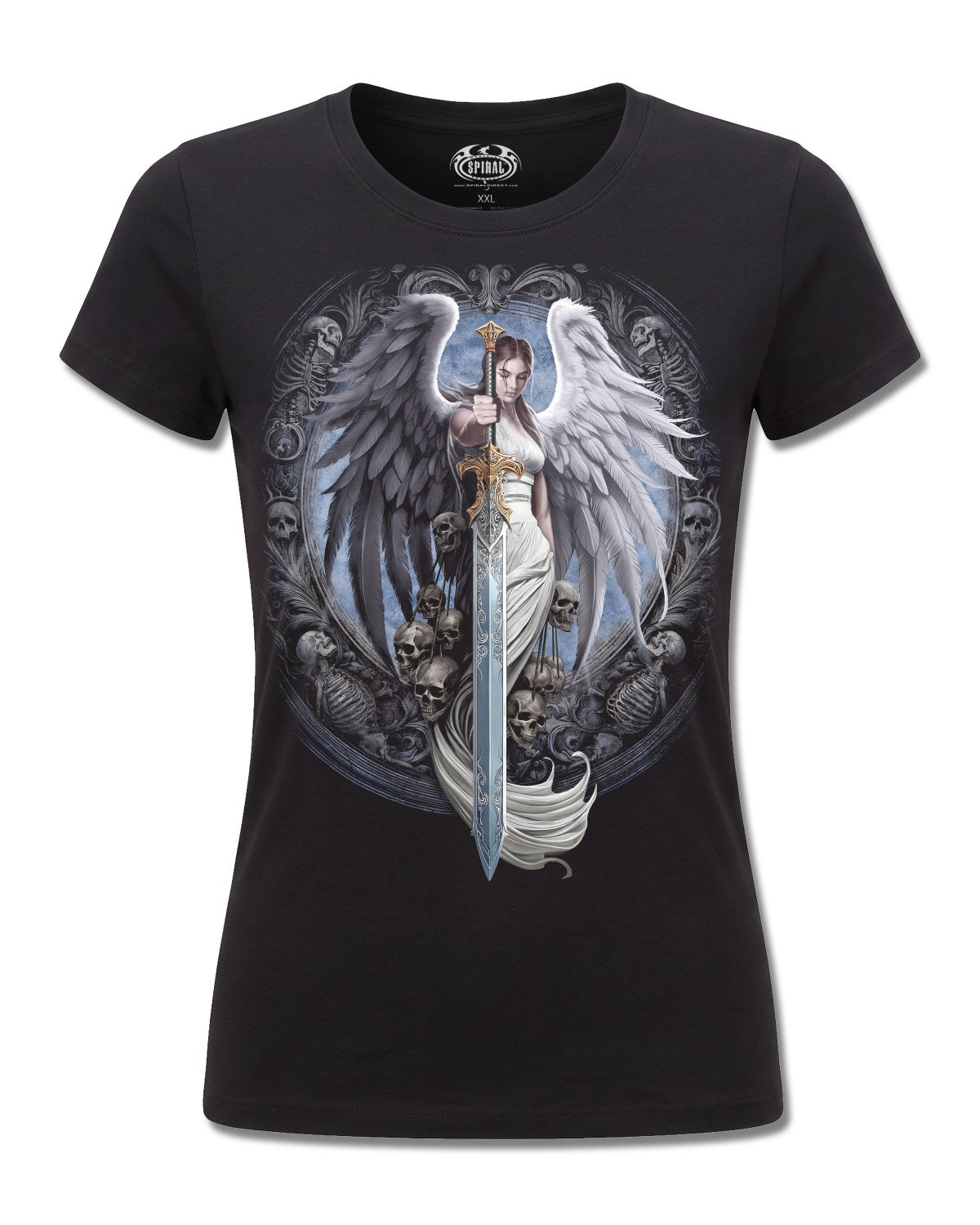 Spiral Angel Sword design, front view on Black F775, Rock Off Retail official merch