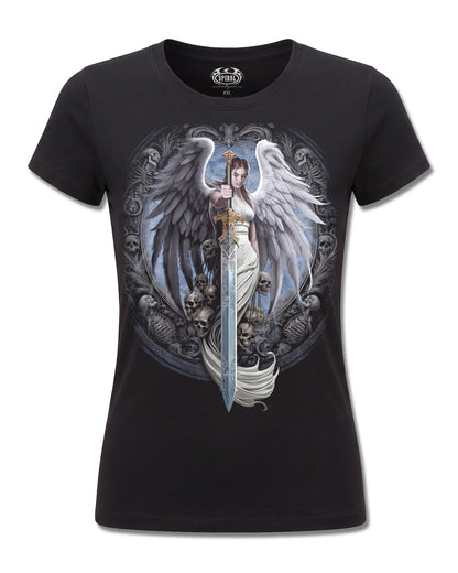 Spiral Angel Sword design, front view on Black F775, Rock Off Retail official merch