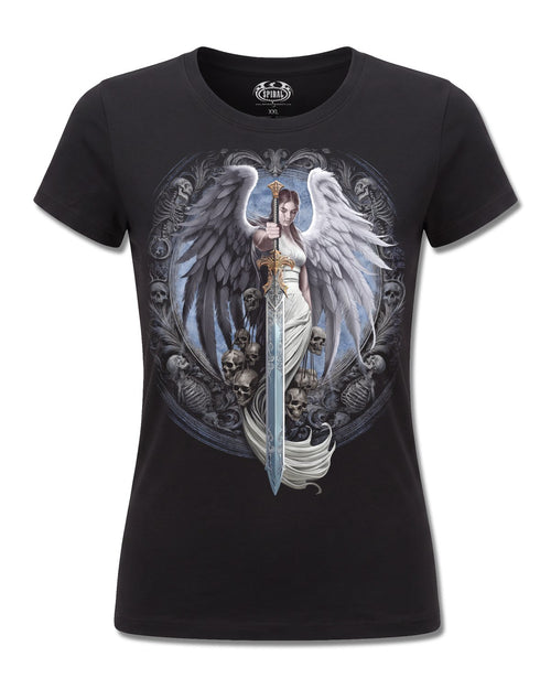 Spiral Angel Sword design, front view on Black F775, Rock Off Retail official merch