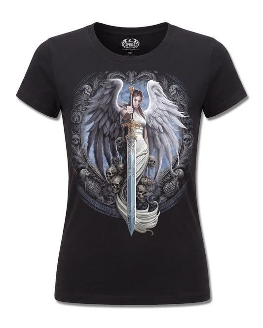 Spiral Angel Sword design, front view on Black F775, Rock Off Retail official merch