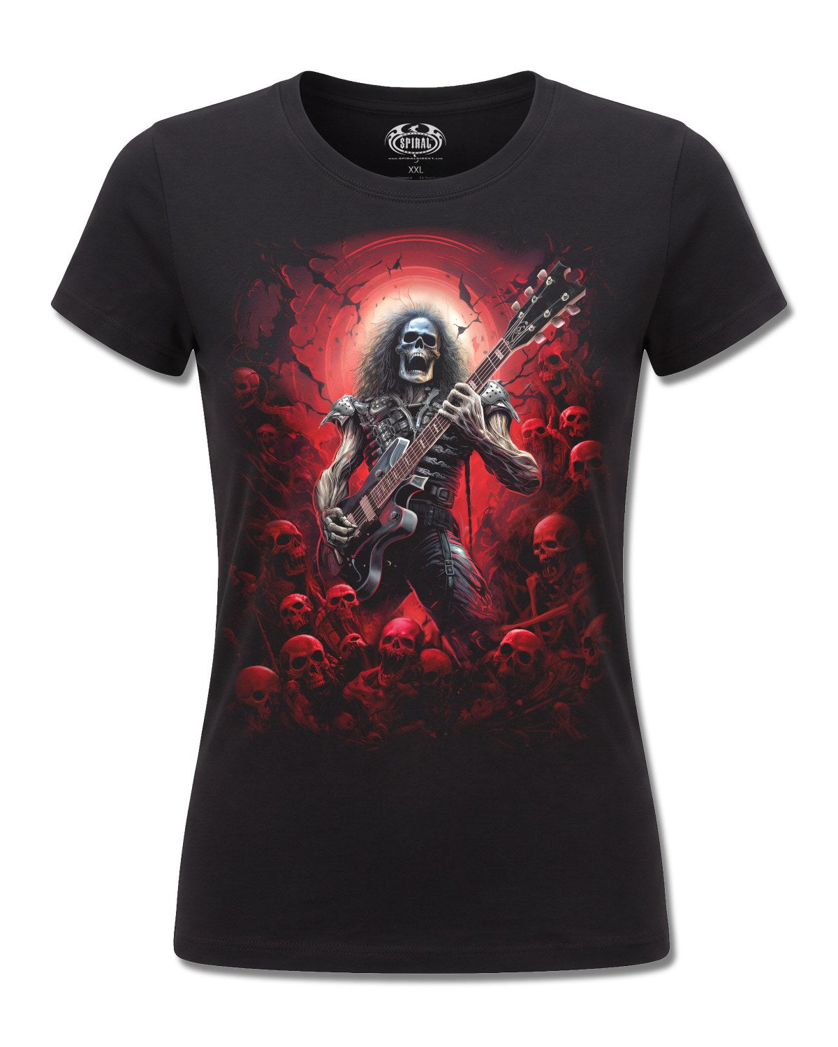 Spiral Tomb Of Rock design, front view on Black F775, Rock Off Retail official merch