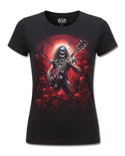Spiral Tomb Of Rock design, front view on Black F775, Rock Off Retail official merch