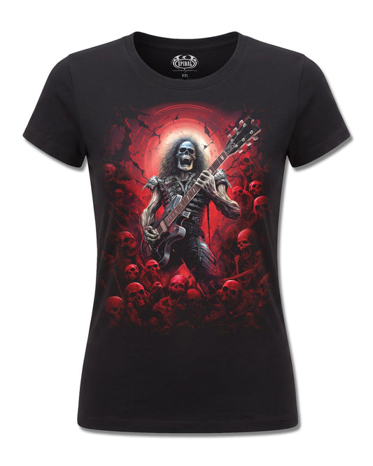 Spiral Tomb Of Rock design, front view on Black F775, Rock Off Retail official merch