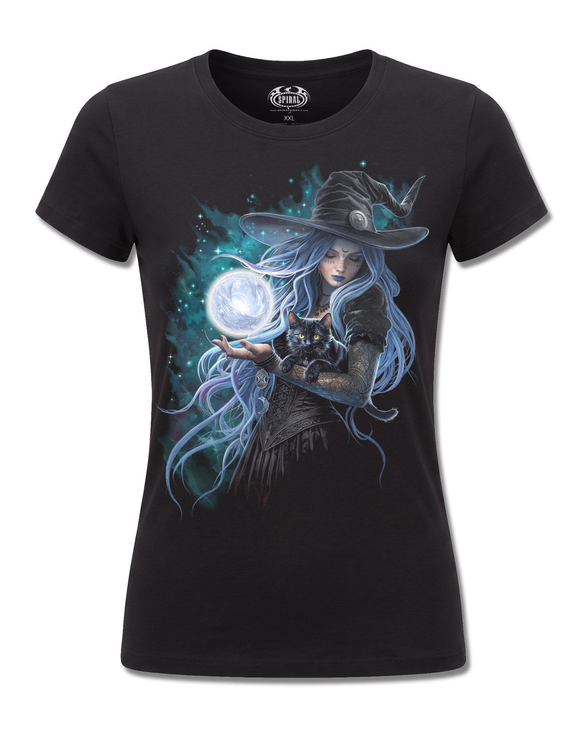 Spiral Mystic Moon design, front view on Black F775, Rock Off Retail official merch