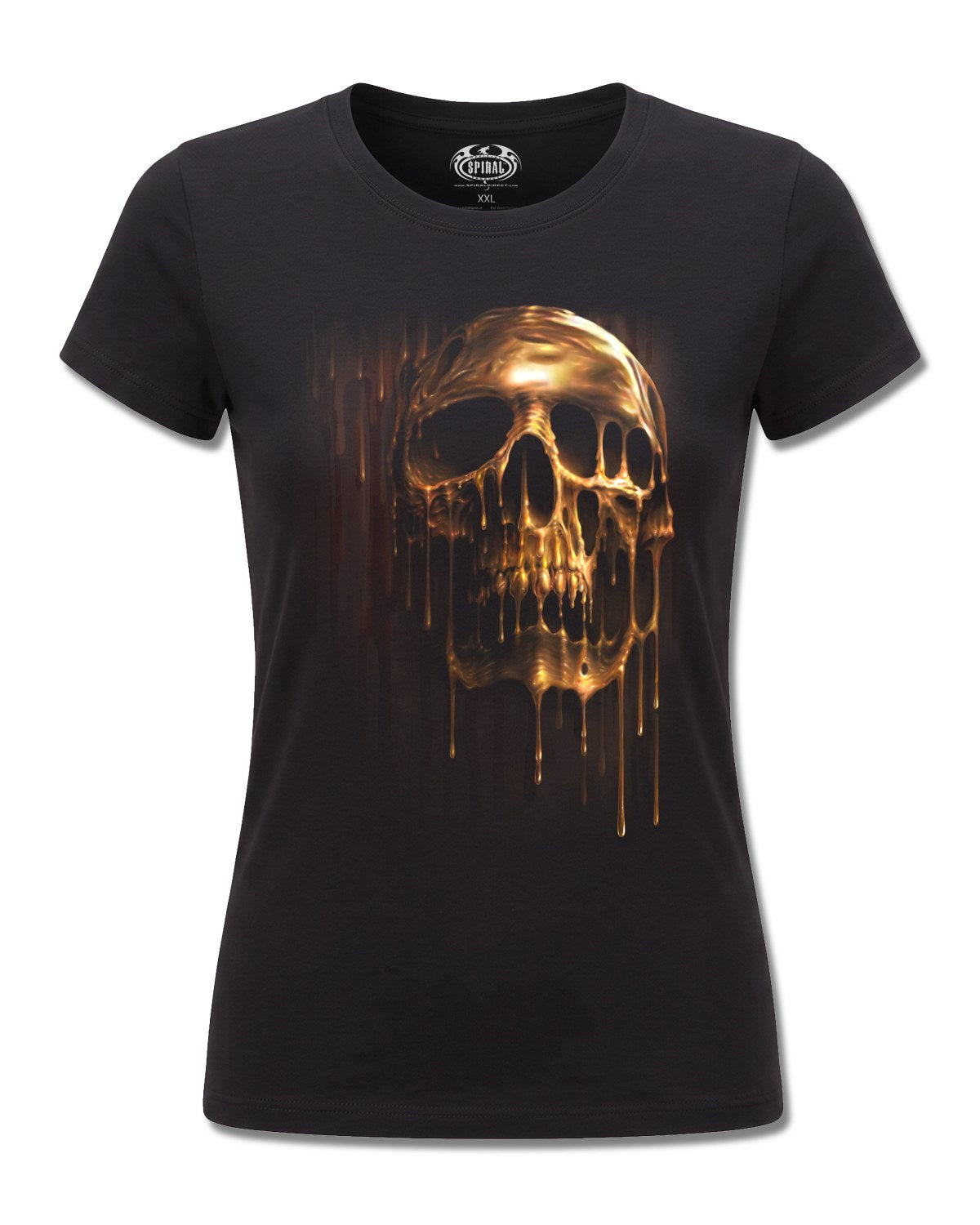 Spiral Dripping Gold design, front view on Black F775, Rock Off Retail official merch