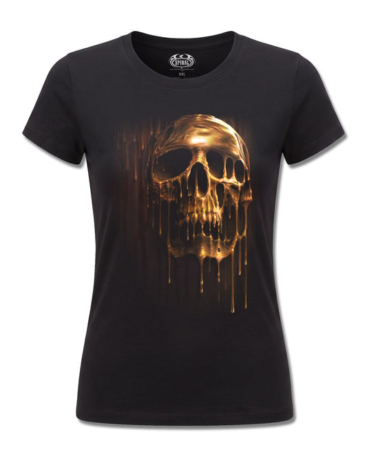 Spiral Dripping Gold design, front view on Black F775, Rock Off Retail official merch