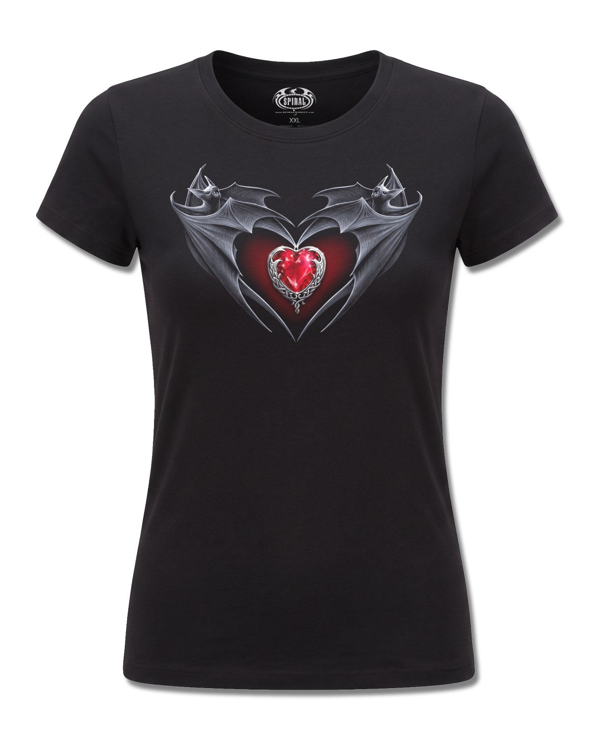 Spiral Bat's Heart design, front view on Black F775, Rock Off Retail official merch
