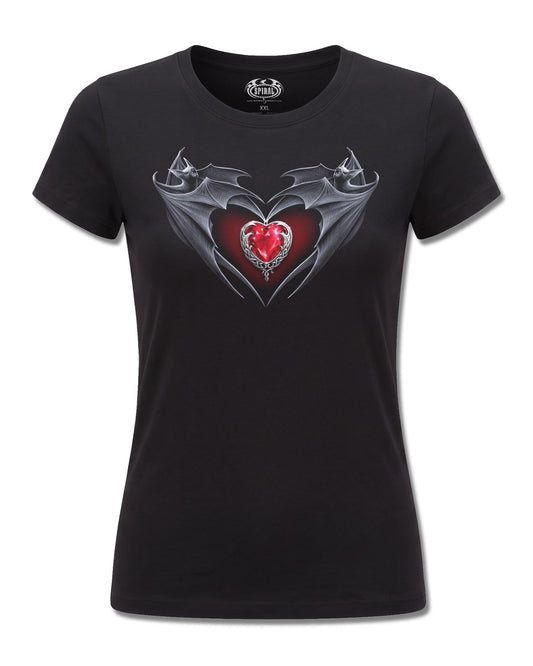 Spiral Bat's Heart design, front view on Black F775, Rock Off Retail official merch