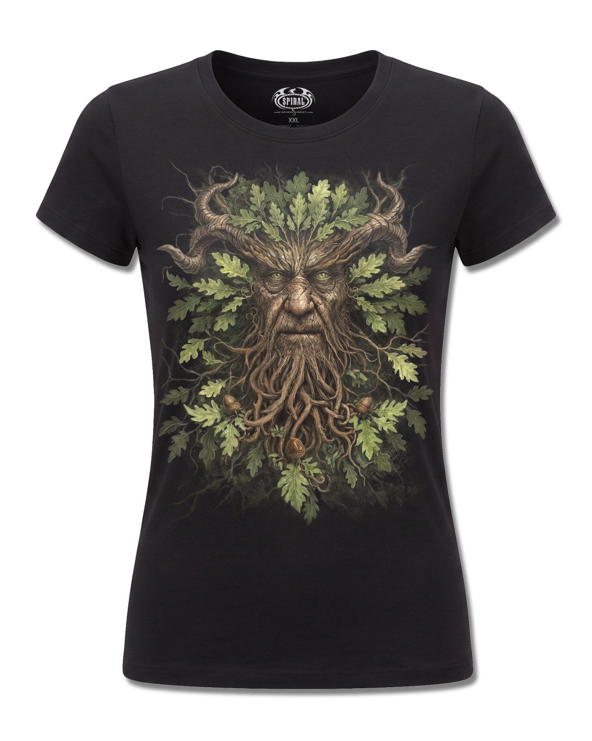 Spiral Woodland King design, front view on Black F775, Rock Off Retail official merch