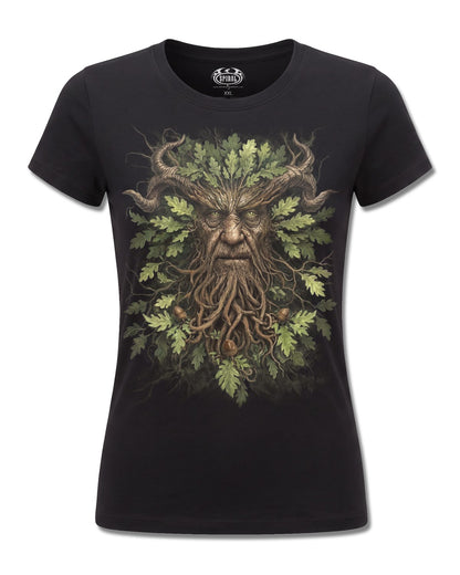 Spiral Woodland King design, front view on Black F775, Rock Off Retail official merch