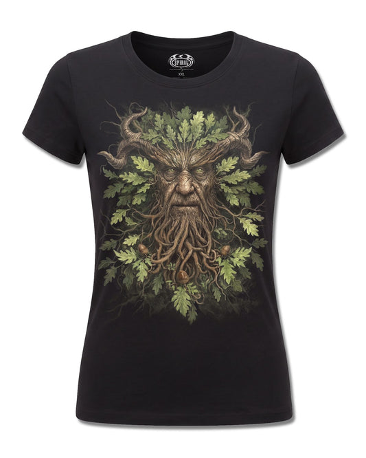 Spiral Woodland King design, front view on Black F775, Rock Off Retail official merch