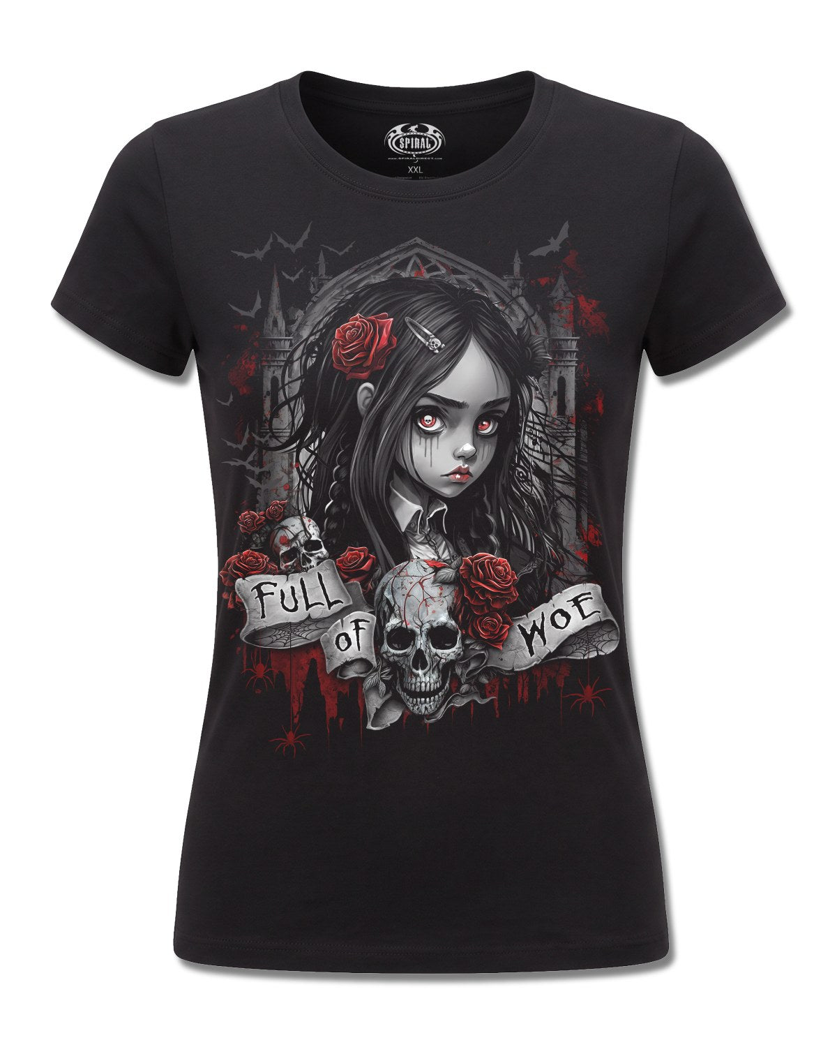 Spiral Full Of Woe design, front view on Black F775, Rock Off Retail official merch