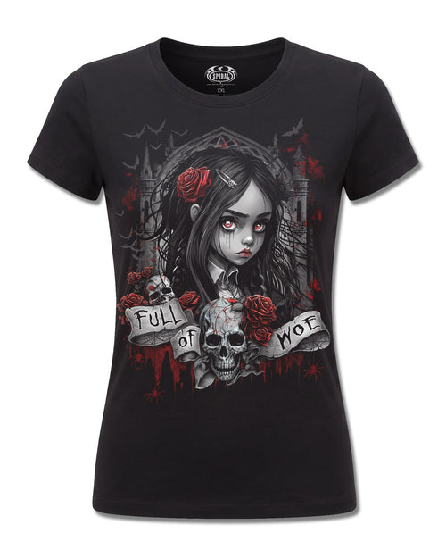 Spiral Full Of Woe design, front view on Black F775, Rock Off Retail official merch
