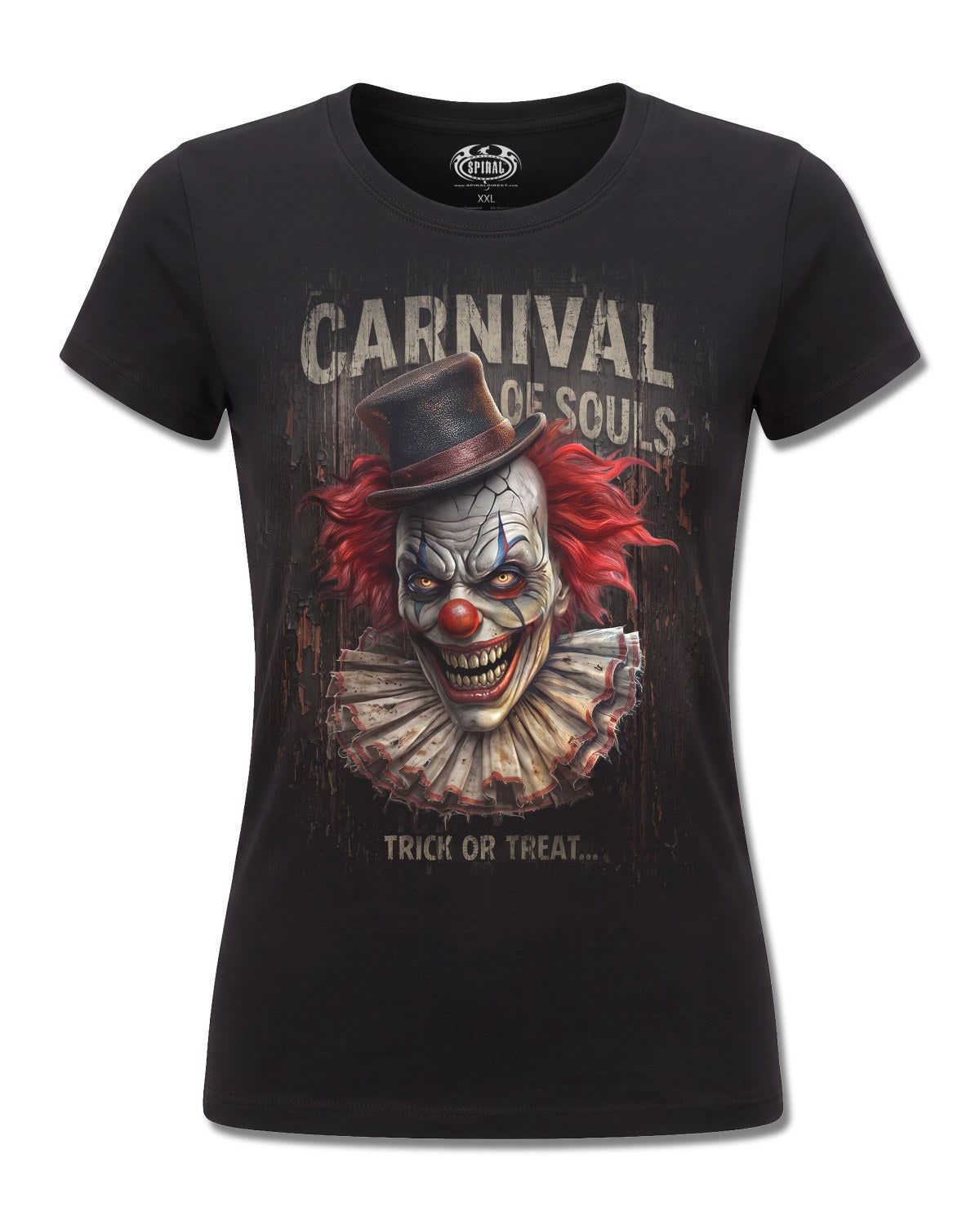 Spiral Carnival Of Souls design, front view on Black F775, Rock Off Retail official merch
