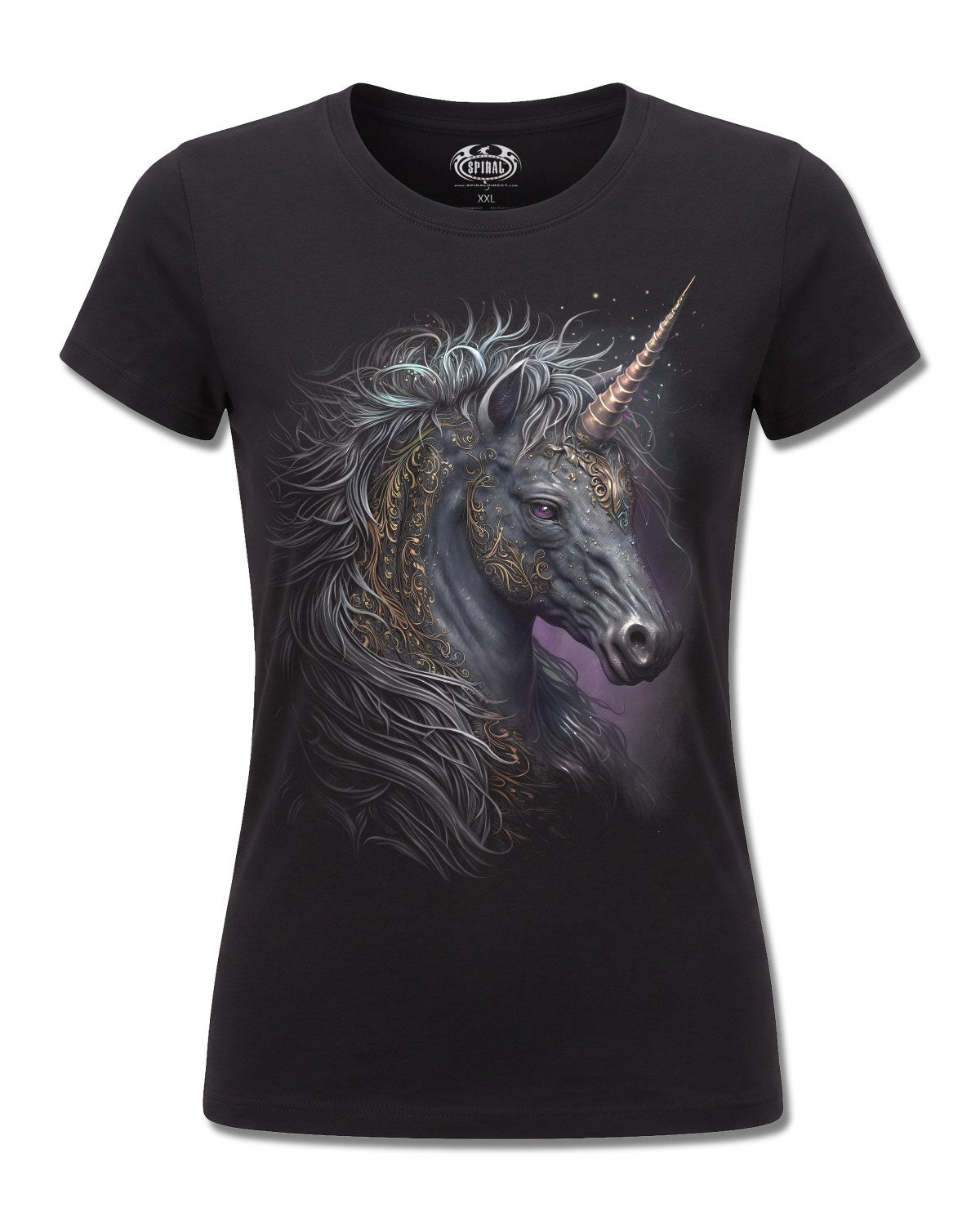 Spiral Celtic Unicorn design, front view on Black F775, Rock Off Retail official merch