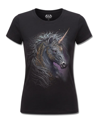 Spiral Celtic Unicorn design, front view on Black F775, Rock Off Retail official merch